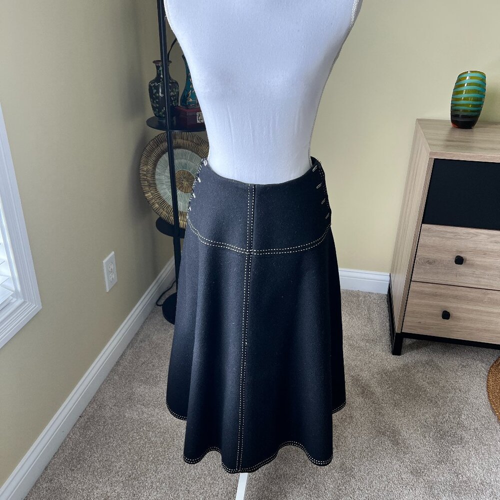 Black and White Vintage Stitched Bordered A-Line Wool Skirt